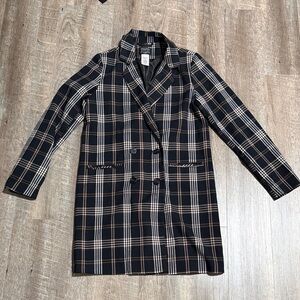 Black tan white Plaid knee length Blazer